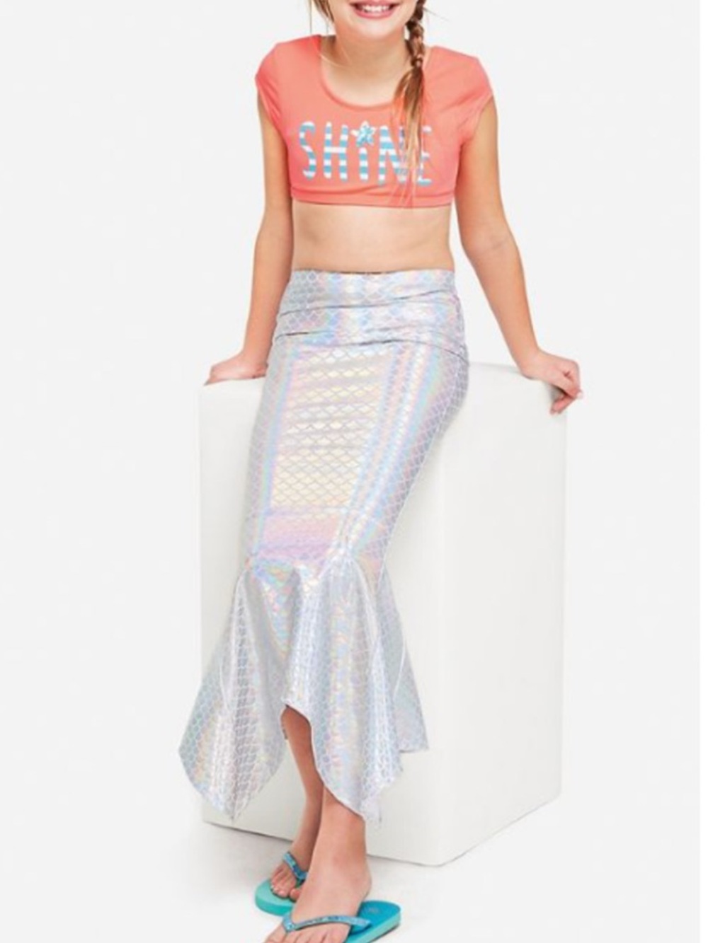 Justice | Holographic Silver Shimmer Mermaid Tail Long Swim Skirt Coverup (M)